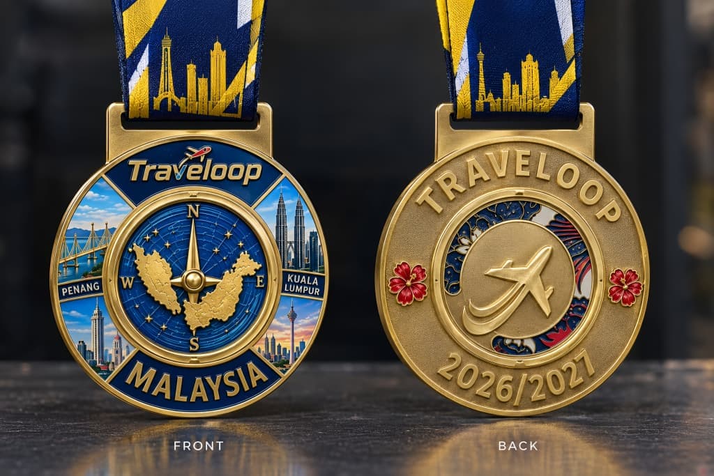 The Traveloop finisher's medal, front and back: Penang, Kuala Lumpur and a map of Malaysia on the front, the Traveloop aeroplane and 2026/2027 on the back